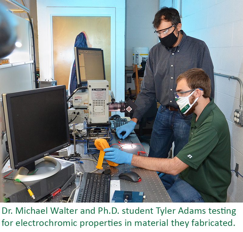Dr. Michael Walter and Ph.D. student Tyler Adams testing for electrochromic properties in material they fabricated.