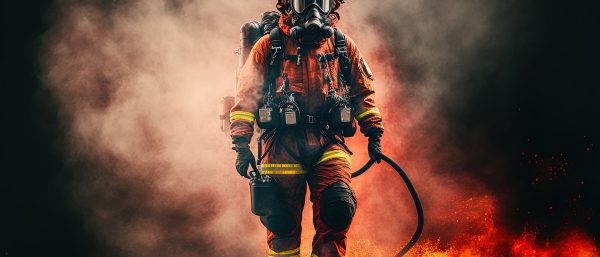 photo of firefighter in training, using extinguisher 