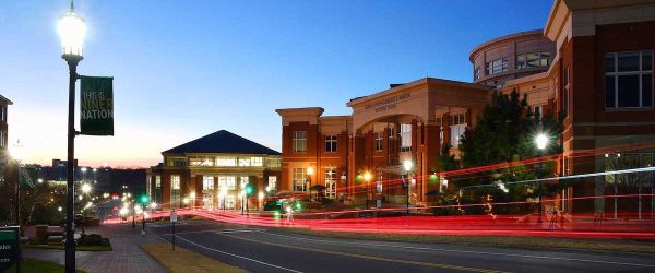 Photo shows the UNC Charlotte campus at night