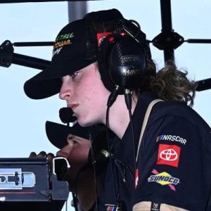 Sydney Prince '22 works atop the pit box at Dover Motor Speedway. Photo credit: Rusty Jarrett/NKP.