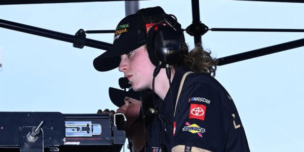 Sydney Prince in the pit box at a NASCAR race.