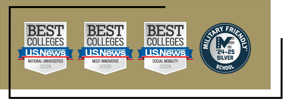 US News and World Report badges for National Universities, Most Innovative and Social Mobility, and Military Friendly Silver Badge