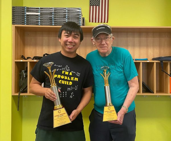 Tao Hong and Harold Reiter with International Mathematics Competition trophies