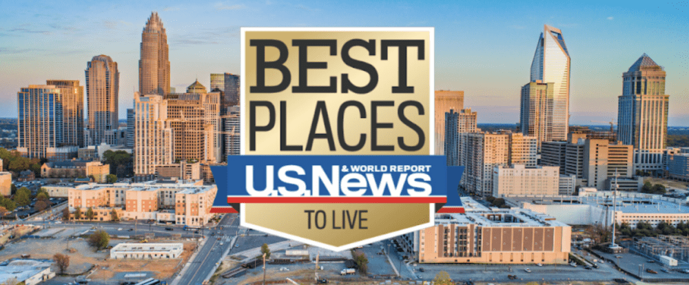 Charlotte skyline with US News and World Report Best Places to Live badge