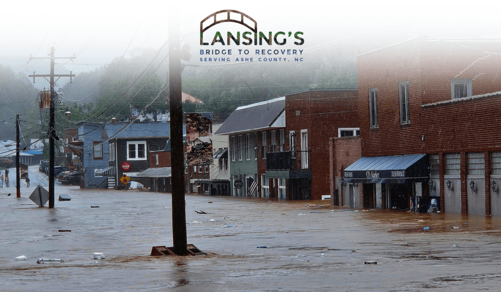 Photo shows a downtown area in Ashe County flooded after Hurricane Helene