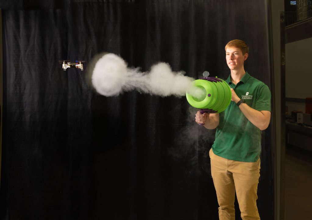 Student measures drone reaction to sudden wind gust he manually generated by an air vortex cannon