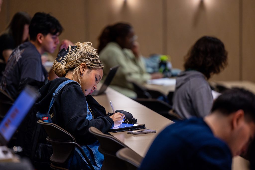 Student works on iPad in class