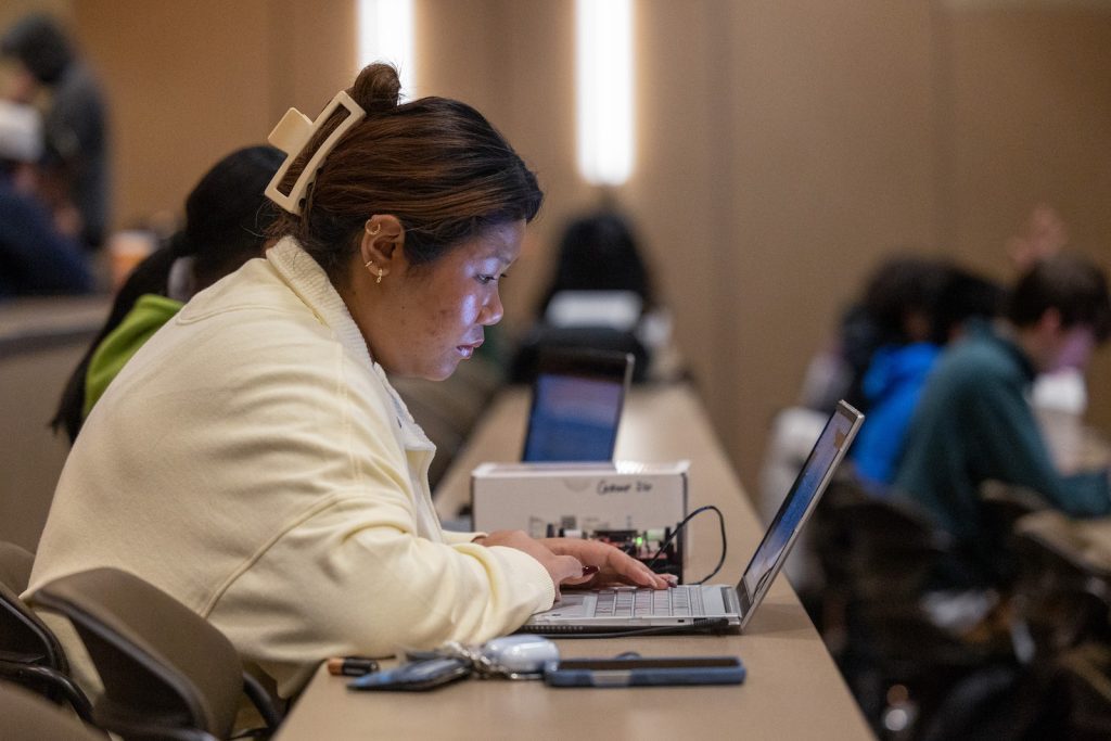 Student looking at computer in class