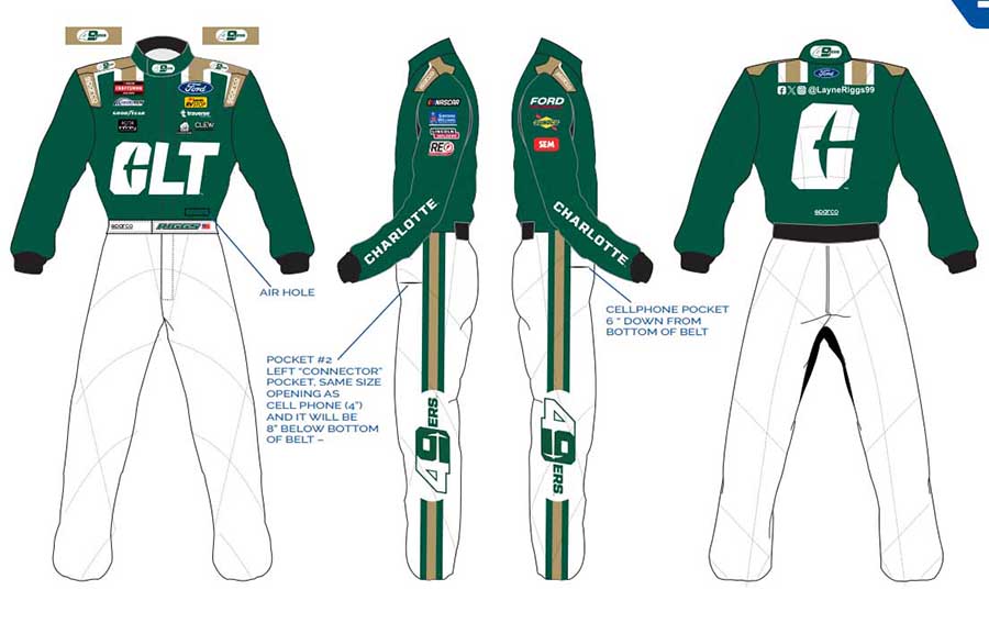 UNC Charlotte-sponsored race suit design for Layne Riggs