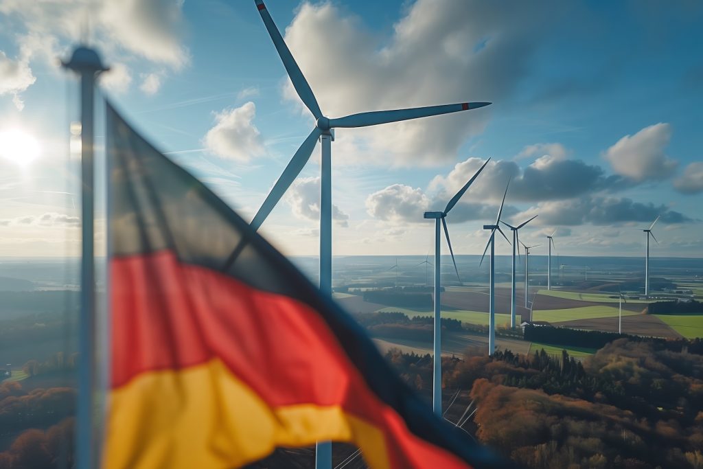 German flag waves in the wind against a backdrop of wind turbines