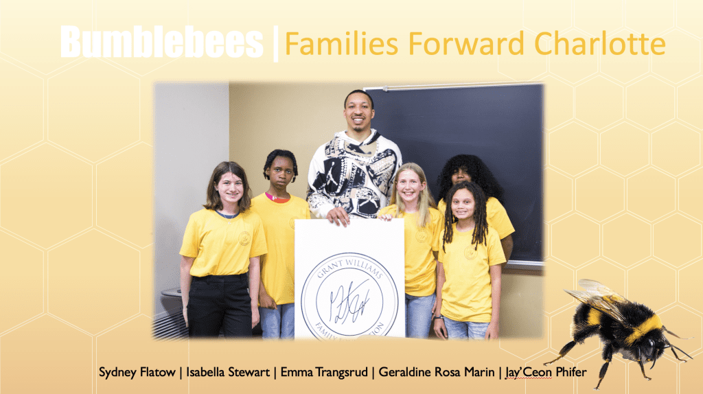 The Bumblebees together with Charlotte Hornet Grant Williams after their presentation of “Families Forward Charlotte.”