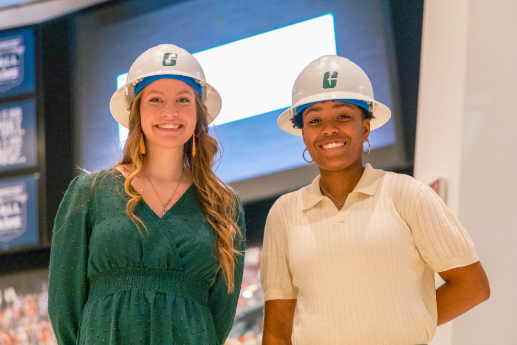 Construction Management students wearing hard hats