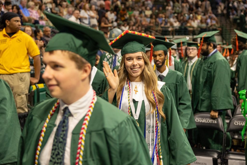 Niner Engineers wearing their regalia at Commencement