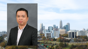 Portrait of Chau Le super imposed on an image of uptown Charlotte during the day