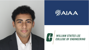 Portrait of Abhinav Das with logos for AIAA and William States Lee College of Engineering