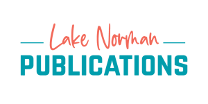 Orange words, "Lake Norman," in script font above teal word, "PUBLICATIONS"